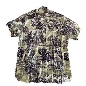 Tommy Bahama Men’s Hawaiian Shirt L Purple White Button-Up Tropical Leaf Casual